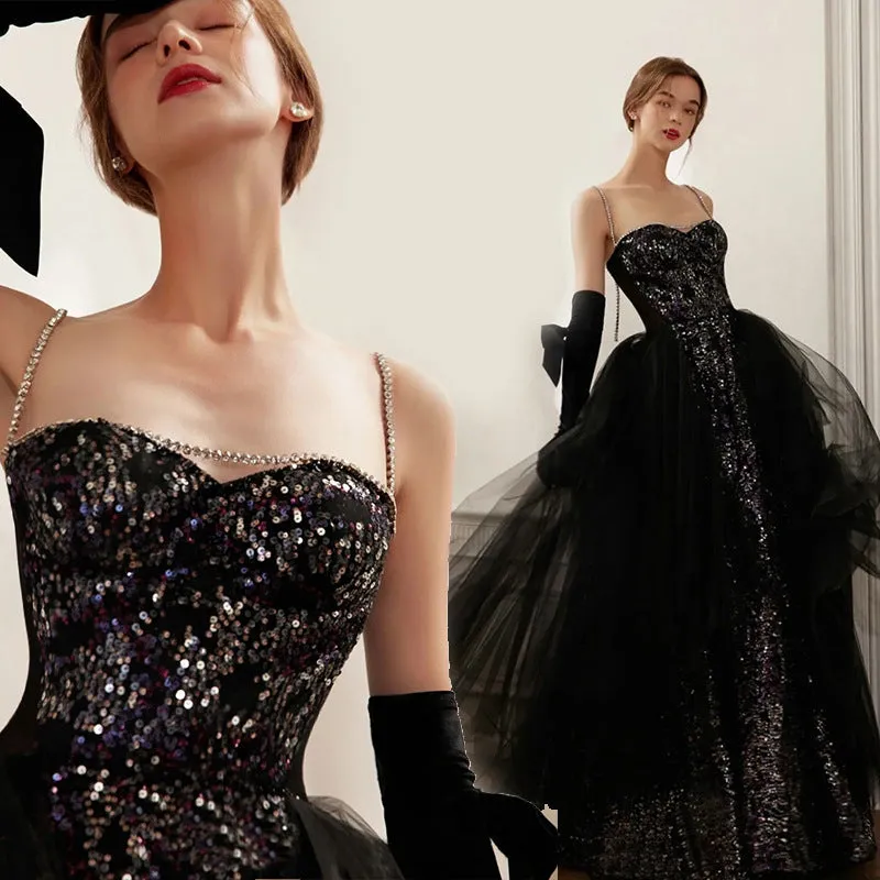 Black Sparkly Long Prom Dress Spaghetti Strap Sequins Evening Dress 181