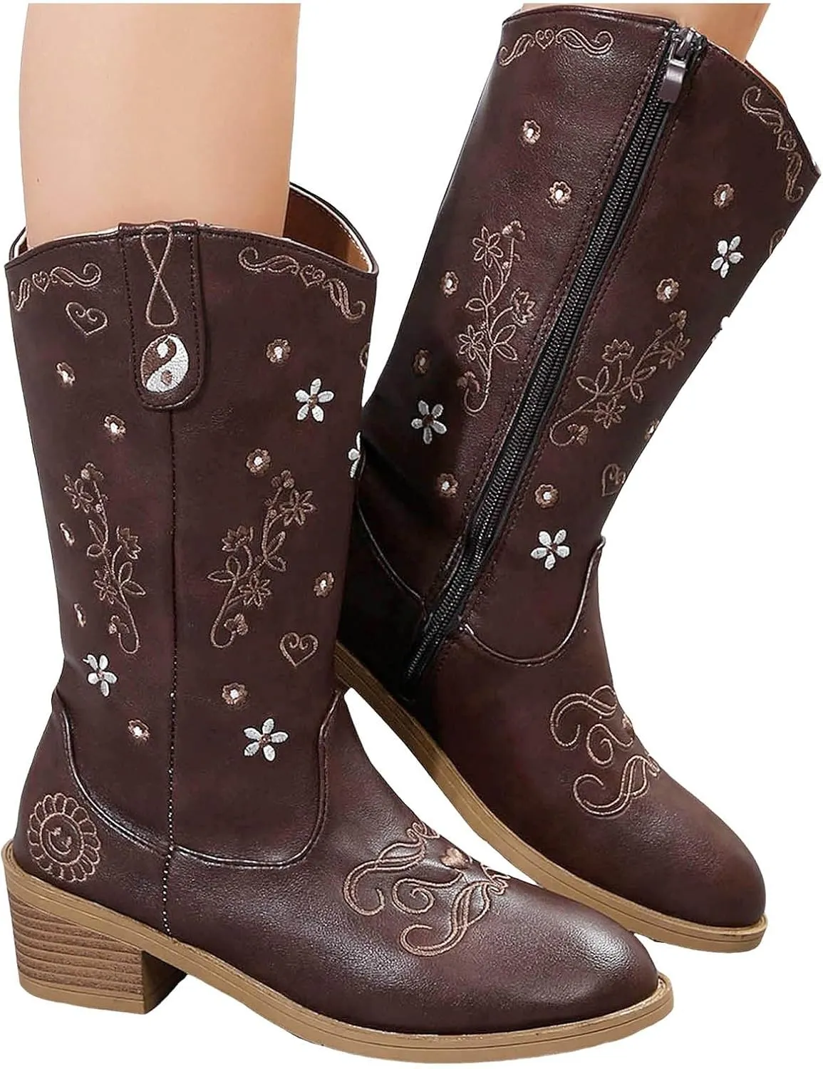 Cathalem Cowboy Boots for Women Pointy Toe Women's Western Boots Cowgirl Boots Mid Calf Boots Womens Booties Fall