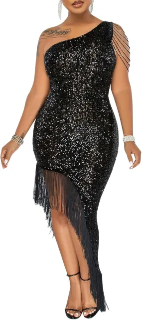 Cololura Women Sequin Elegant Sexy Tassels One Shoulder Mermaid Bodycon Cocktail Evening Midi Party Formal Dress