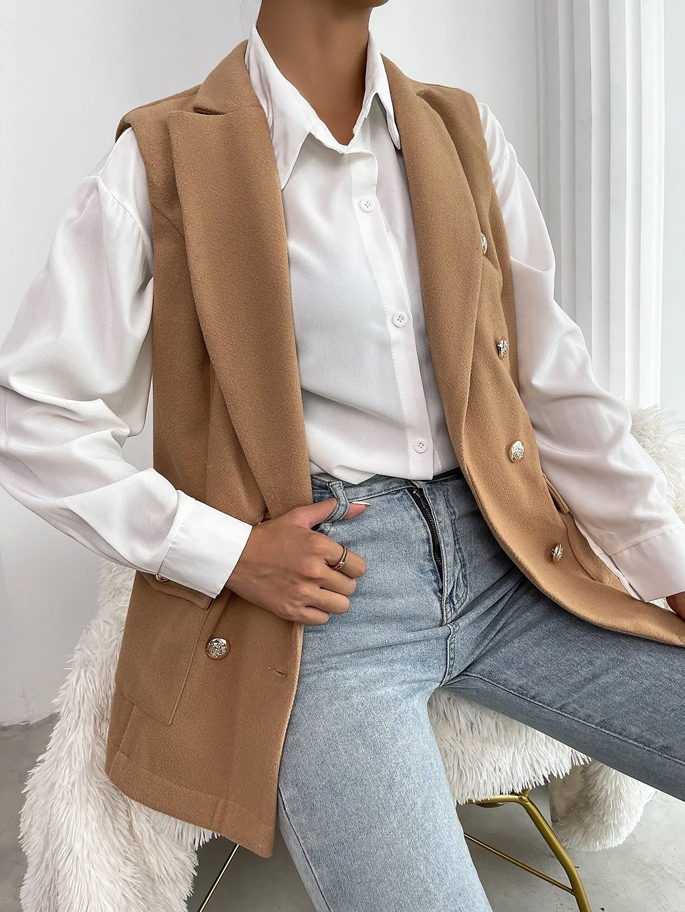 Elegant Plain Button Front Sleeveless Lapel Regular Women Blazer