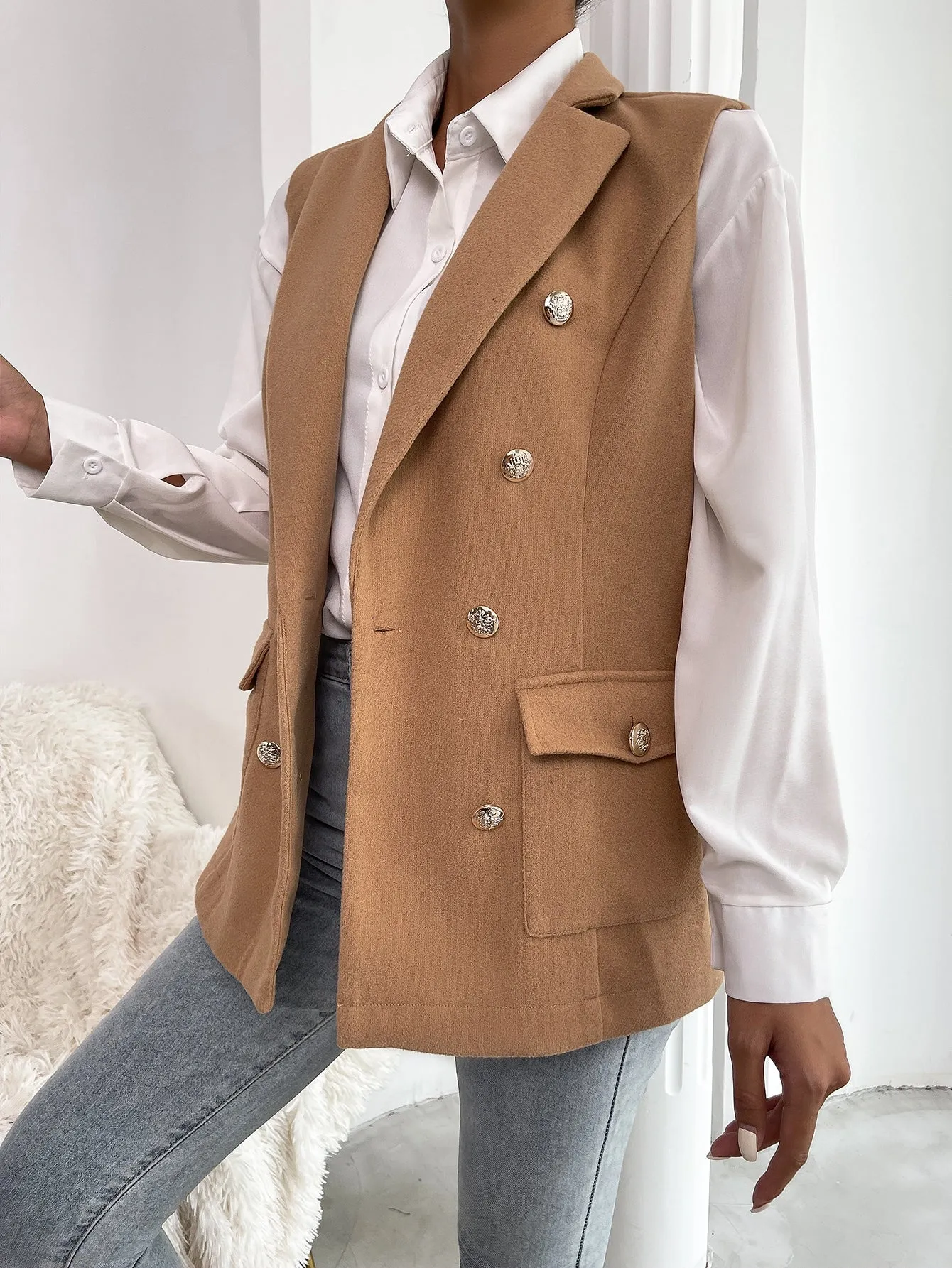 Elegant Plain Button Front Sleeveless Lapel Regular Women Blazer