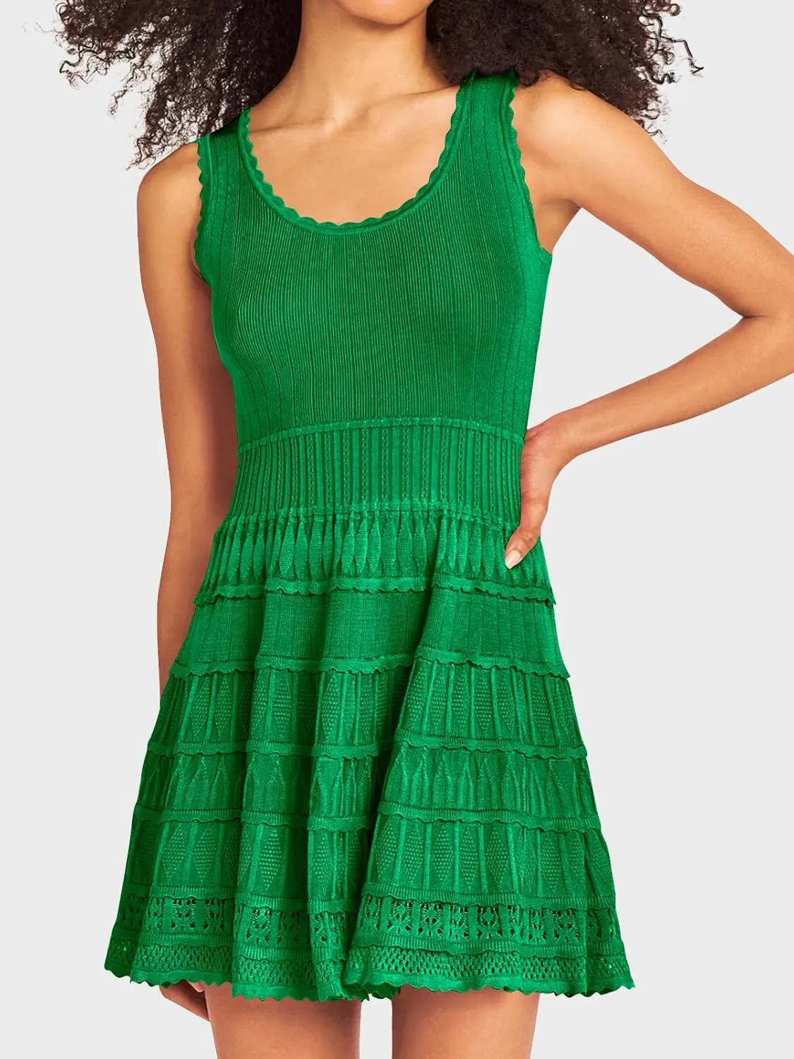 Fisoew Womens Summer Mini Dresses Casual Crewneck Knitted Crochet Hem Flowy Tank Sundress
