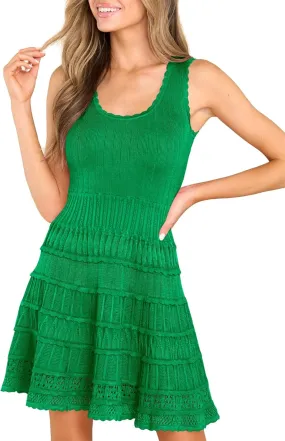 Fisoew Womens Summer Mini Dresses Casual Crewneck Knitted Crochet Hem Flowy Tank Sundress