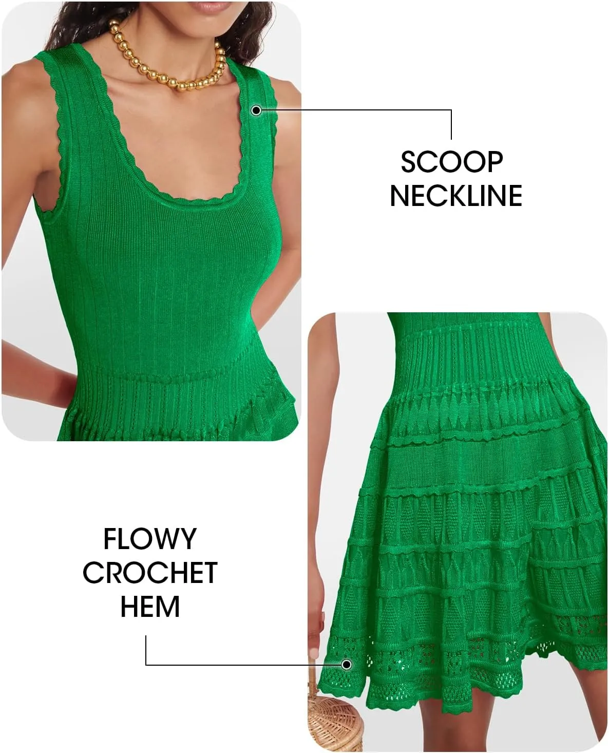 Fisoew Womens Summer Mini Dresses Casual Crewneck Knitted Crochet Hem Flowy Tank Sundress