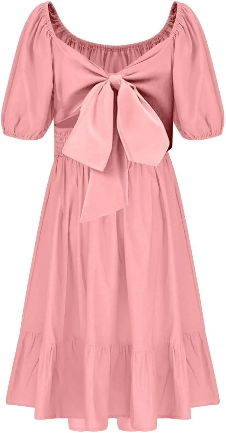 Girls Summer Square Neck Lantern Sleeve Lace-Up Backless Ruffle Children's Party Dresses