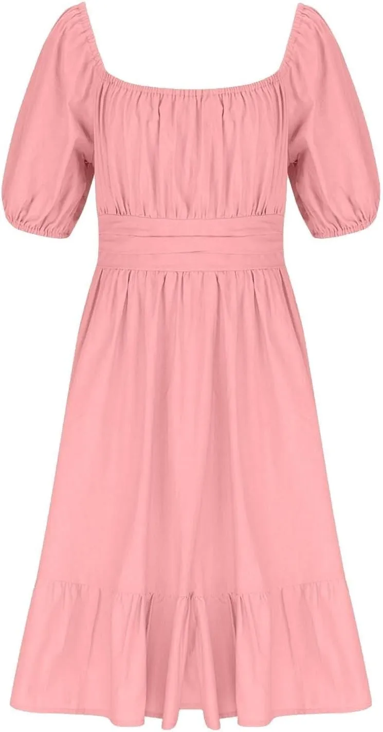 Girls Summer Square Neck Lantern Sleeve Lace-Up Backless Ruffle Children's Party Dresses