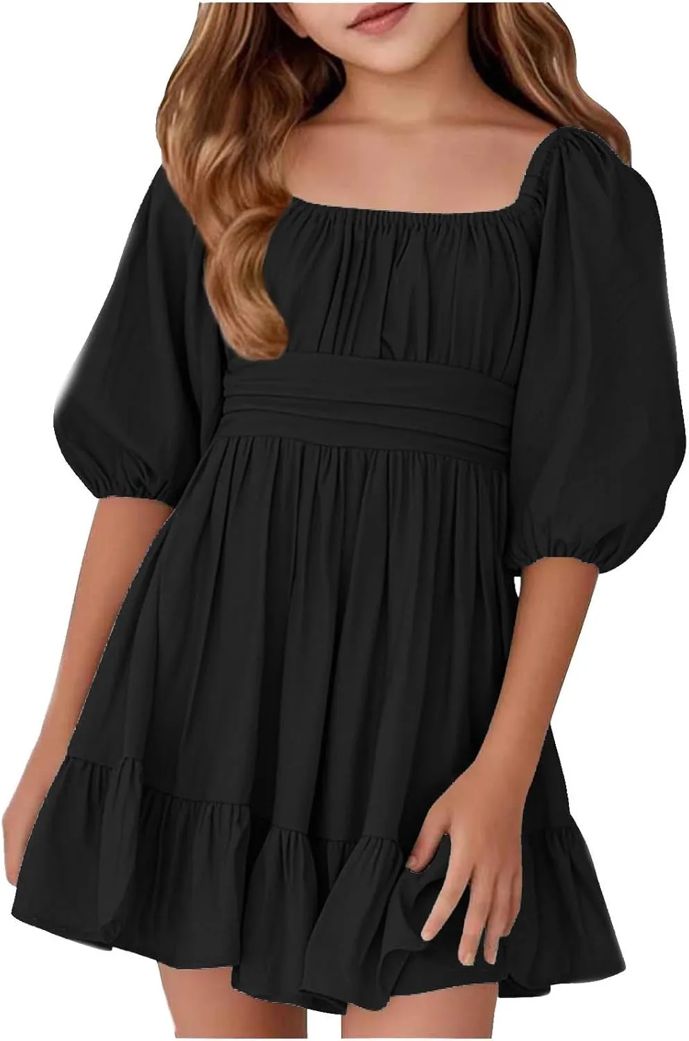 Girls Summer Square Neck Lantern Sleeve Lace-Up Backless Ruffle Children's Party Dresses