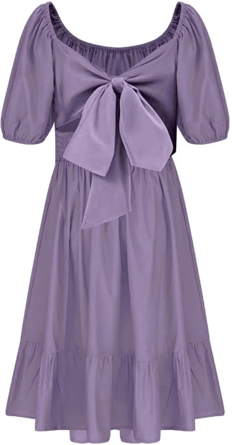 Girls Summer Square Neck Lantern Sleeve Lace-Up Backless Ruffle Children's Party Dresses