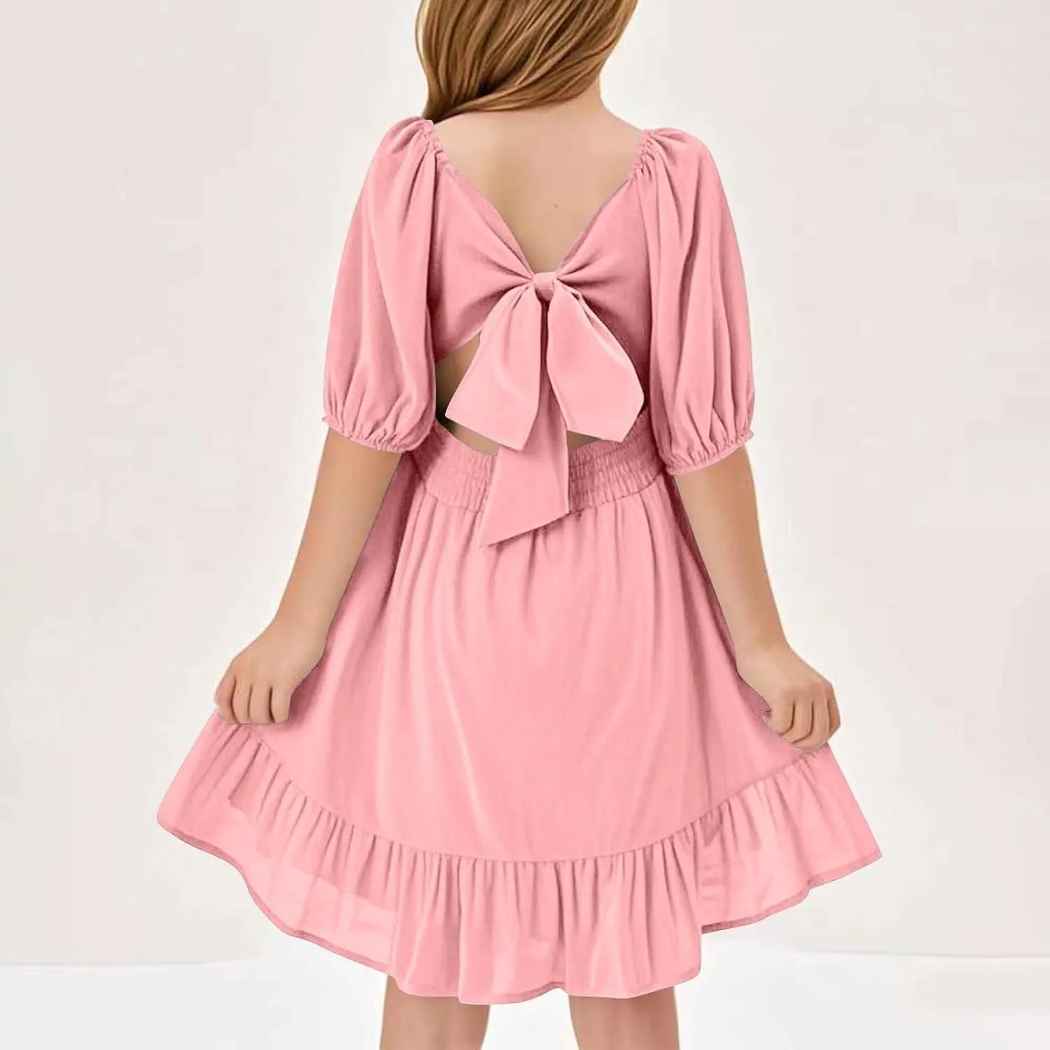 Girls Summer Square Neck Lantern Sleeve Lace-Up Backless Ruffle Children's Party Dresses