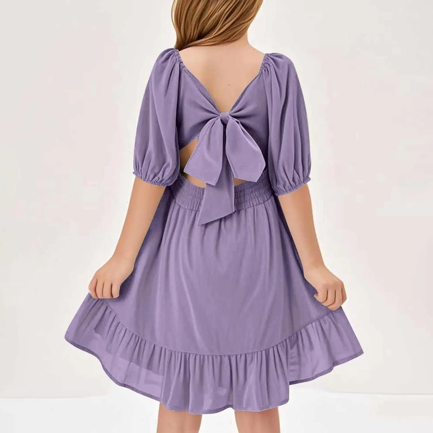 Girls Summer Square Neck Lantern Sleeve Lace-Up Backless Ruffle Children's Party Dresses