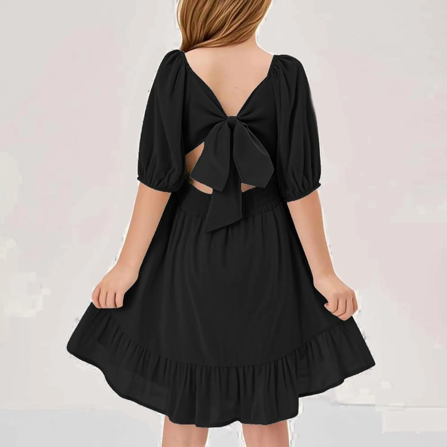 Girls Summer Square Neck Lantern Sleeve Lace-Up Backless Ruffle Children's Party Dresses