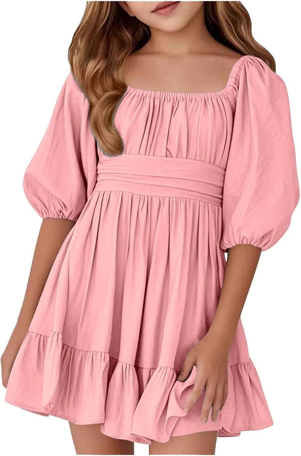 Girls Summer Square Neck Lantern Sleeve Lace-Up Backless Ruffle Children's Party Dresses