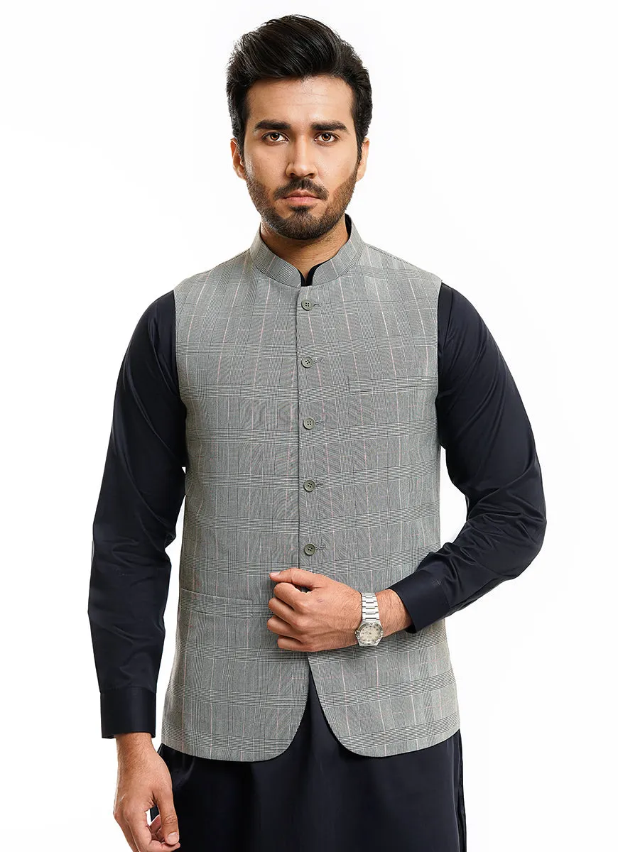 Glen Plaid Checks-Smoke Grey,Poly Viscose Hi-end Delta Waist Coat