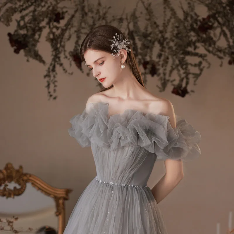 Gray Tulle Long Prom Dress Off  Shoulder Evening Dress Formal Gown 171