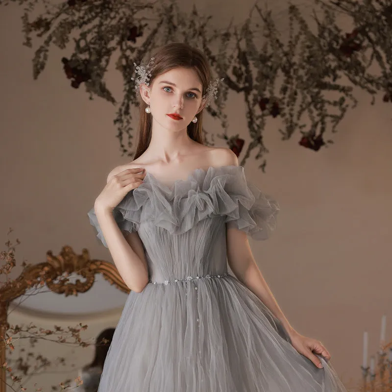 Gray Tulle Long Prom Dress Off  Shoulder Evening Dress Formal Gown 171
