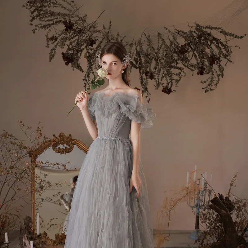 Gray Tulle Long Prom Dress Off  Shoulder Evening Dress Formal Gown 171