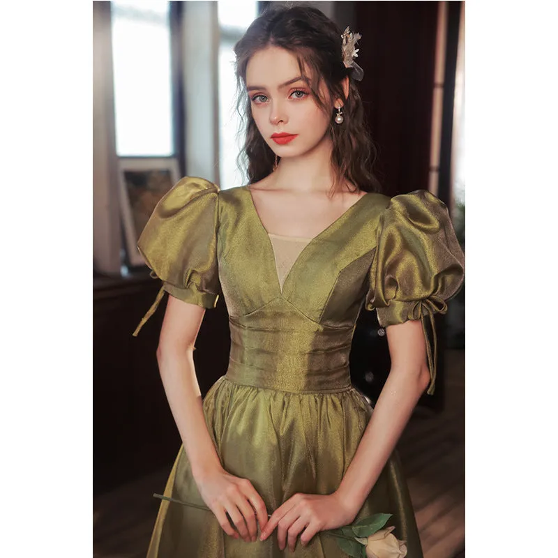 Green Puff Sleeves Satin Long Prom Dress Ball Gown Evening Dress 228