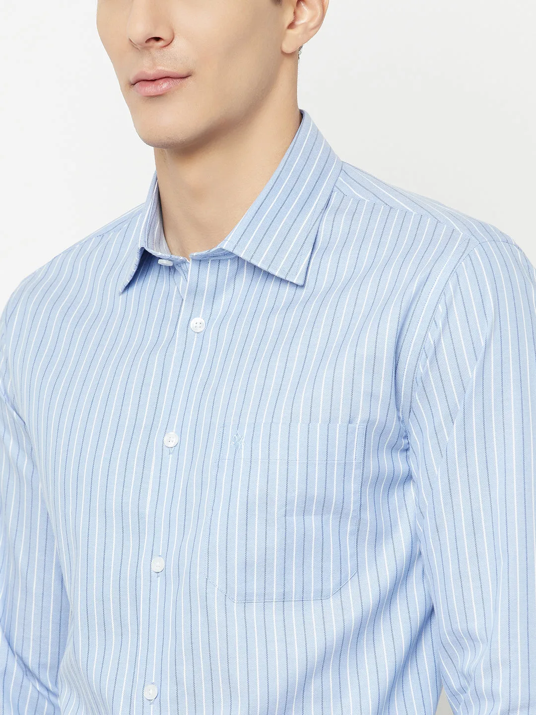 Men's Sky Blue Formal Narrow Stripe Full Sleeve Shirt