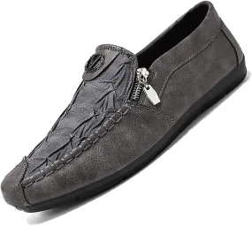 Men's Vintage Leather Zipper Loafers Slip On Comfortable Soft Sole Moccasin Boat Shoes Stylish Casual Driving Walking Shoes