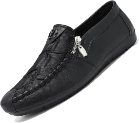 Men's Vintage Leather Zipper Loafers Slip On Comfortable Soft Sole Moccasin Boat Shoes Stylish Casual Driving Walking Shoes