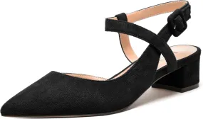 MODENCOCO Womens Comfortable Wedding Suede Pointed Toe Dress Ankle Strap Buckle Chunky Low Heel Pumps Shoes 1.5 Inch