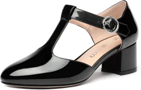 MODENCOCO Women's Party T Strap Fashion Round Toe Buckle Patent Chunky Low Heel Pumps Dress Shoes 2 Inch