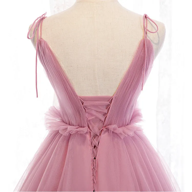 Pink Tulle Prom Dress Sweet 16 Birthday Party Gown with Train 612