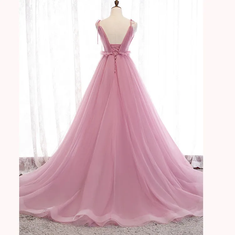 Pink Tulle Prom Dress Sweet 16 Birthday Party Gown with Train 612