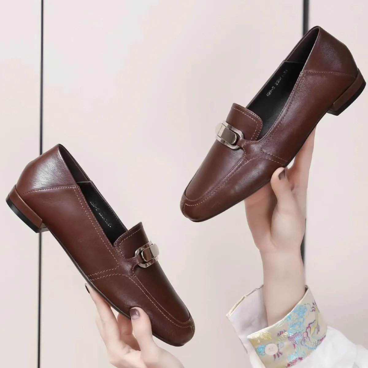 Retro Slip-on Loafers for Women with Fold-Down Heels Dual-Style Design Square Toe Genuine Full Leather Shoes Flats Casual Chunky Block Low Heel Spring