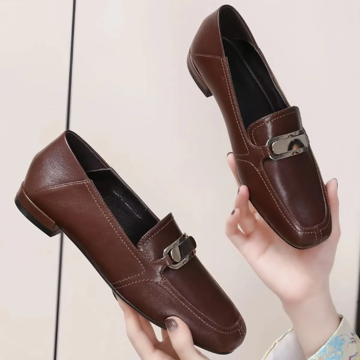 Retro Slip-on Loafers for Women with Fold-Down Heels Dual-Style Design Square Toe Genuine Full Leather Shoes Flats Casual Chunky Block Low Heel Spring