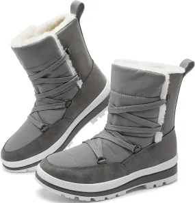 Rominz Women's Winter Snow Boots - Waterproof Black Fur Lined Warm Mid Calf Non-Slip Ankle Boots - White Lace-Up Platform