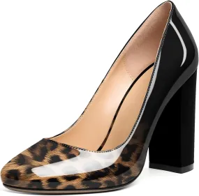 SAMMITOP Women's Round Toe Block Heel Pumps Slip On Chunky Patent High Heels Classic Wedding Dress Shoes for Party Events 4 Inches