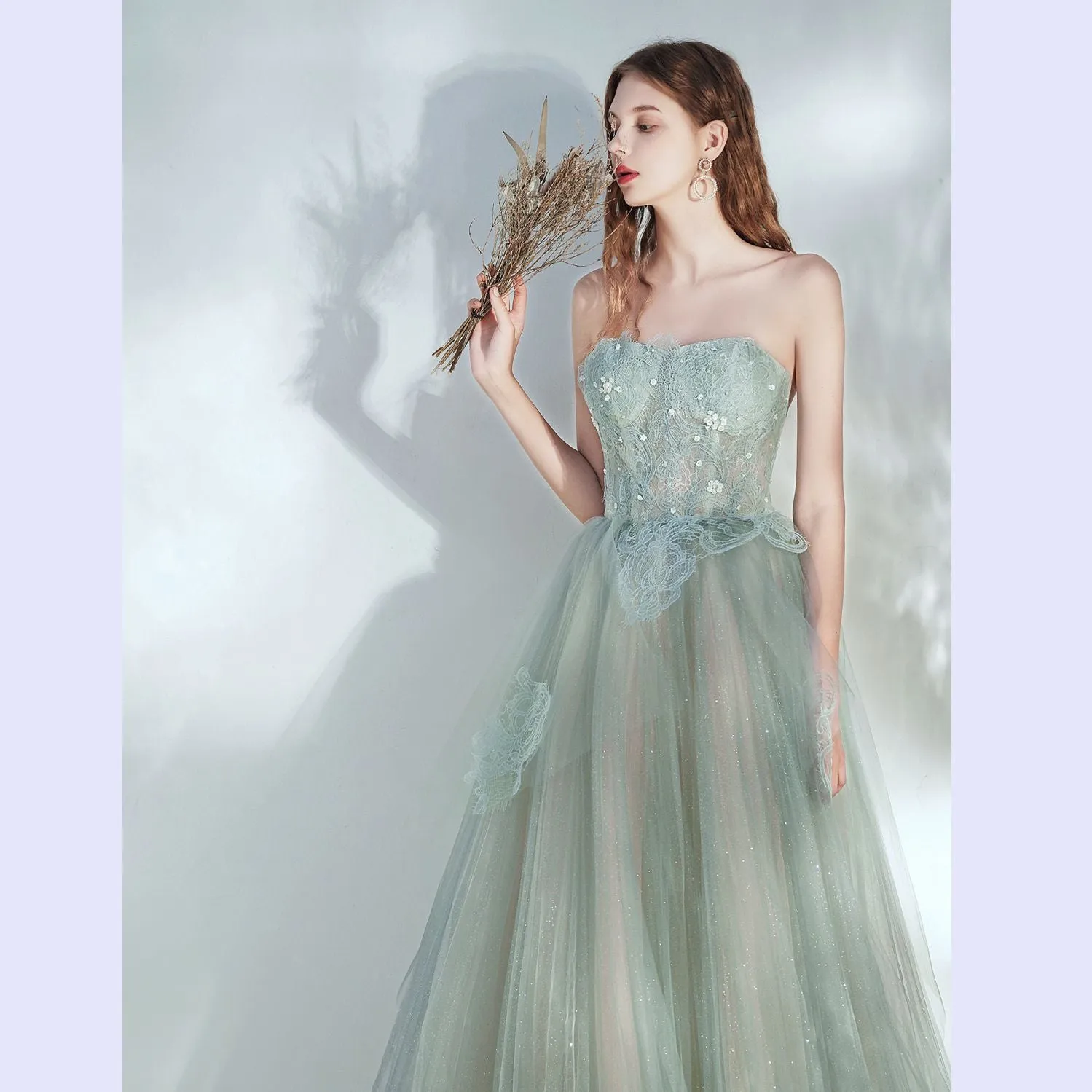 Strapless Green Long Prom Dress Cute Sparkly Party Dress Evening Gown 172