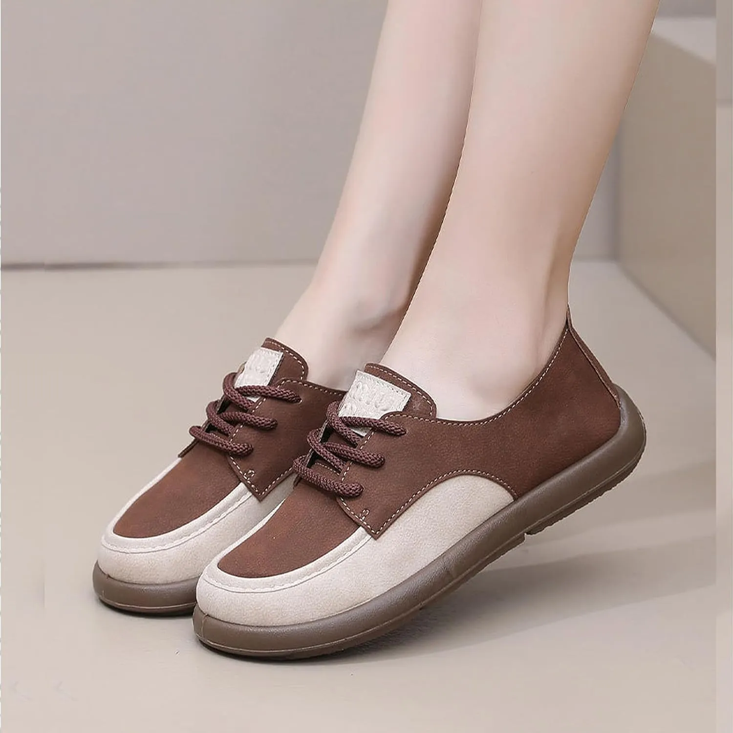 SWDZM Lace-Up Soft Sole Loafers Fashion Round Toe Splicing Comfortable Slip-On Oxford Shoes for Office Work