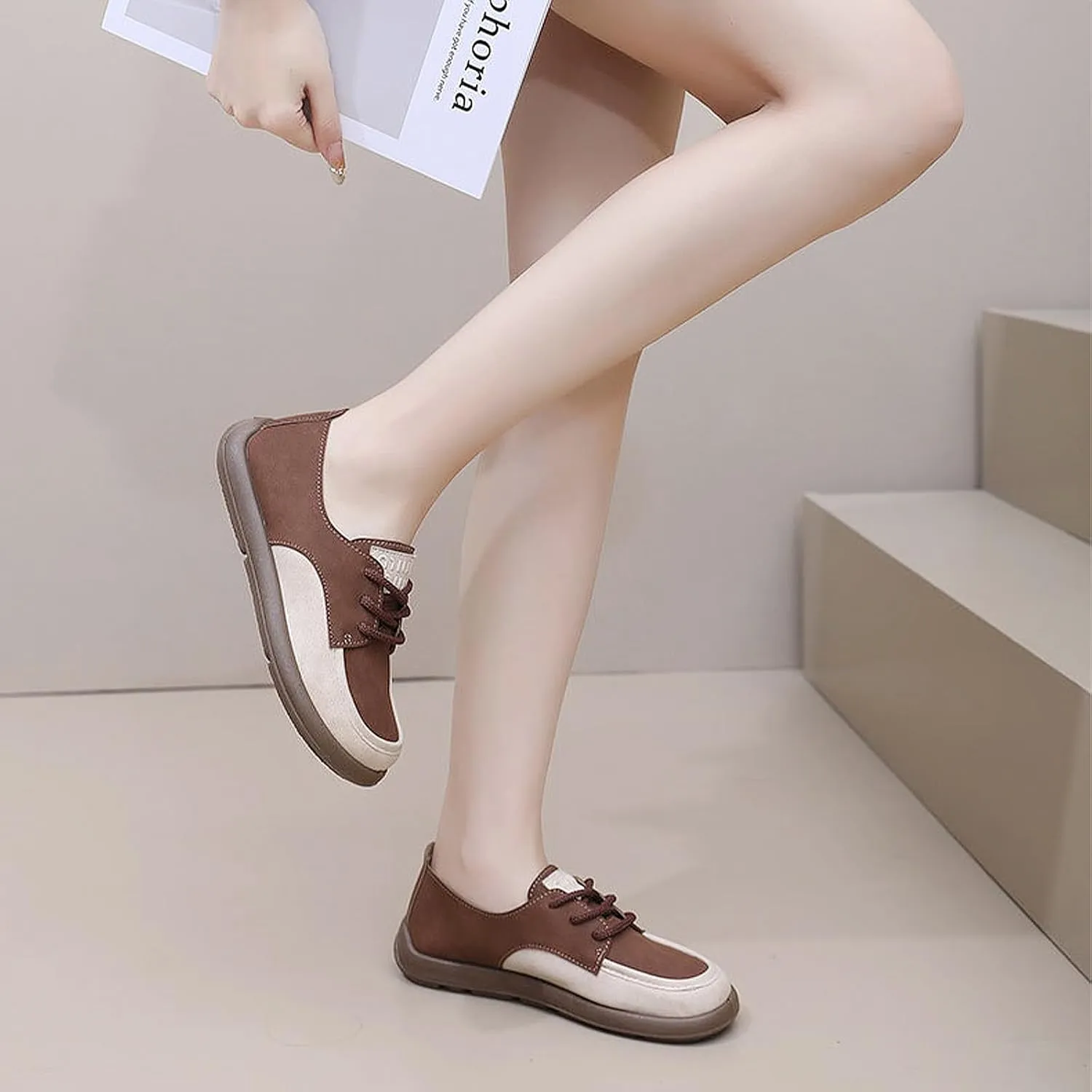 SWDZM Lace-Up Soft Sole Loafers Fashion Round Toe Splicing Comfortable Slip-On Oxford Shoes for Office Work