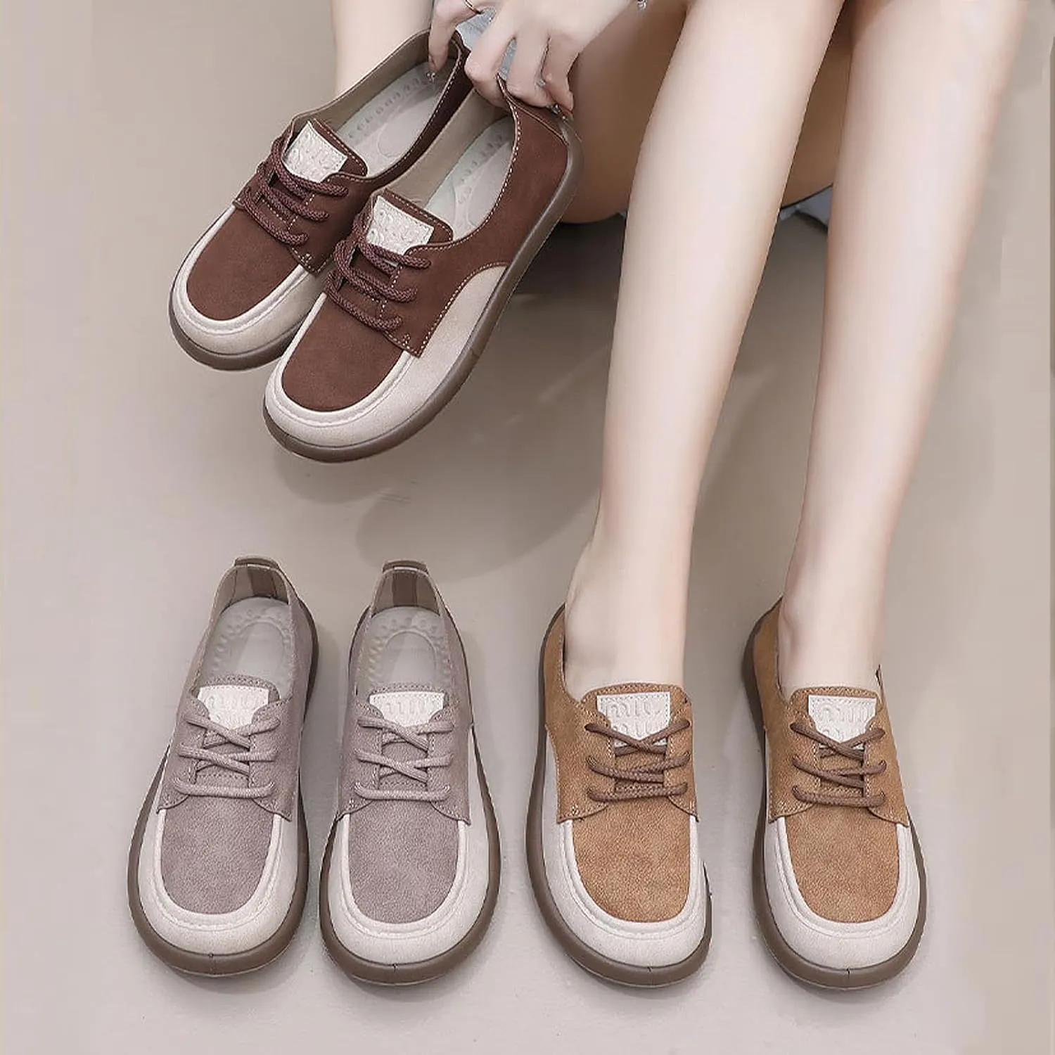 SWDZM Lace-Up Soft Sole Loafers Fashion Round Toe Splicing Comfortable Slip-On Oxford Shoes for Office Work