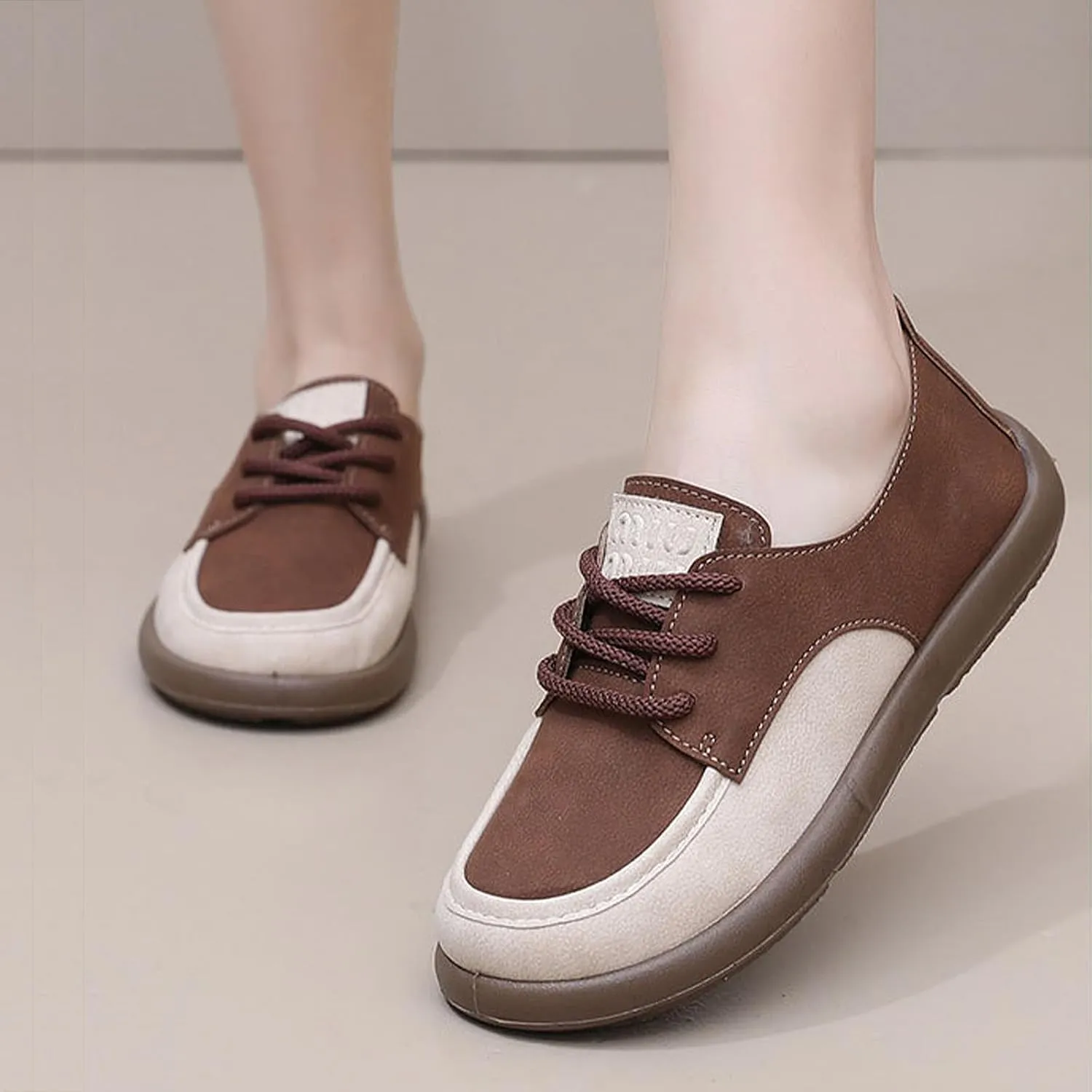 SWDZM Lace-Up Soft Sole Loafers Fashion Round Toe Splicing Comfortable Slip-On Oxford Shoes for Office Work