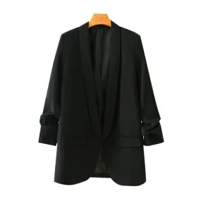 Wjczt Women Fashion Office Wear Basic Black Blazer Coat Vintage Pleated Sleeve Pockets Female Outerwear Chic Tops