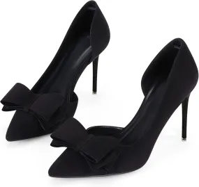 Womens Bow Heels Closed Pointed Toe Dress Shoes Stiletto Slip on Wedding Pumps
