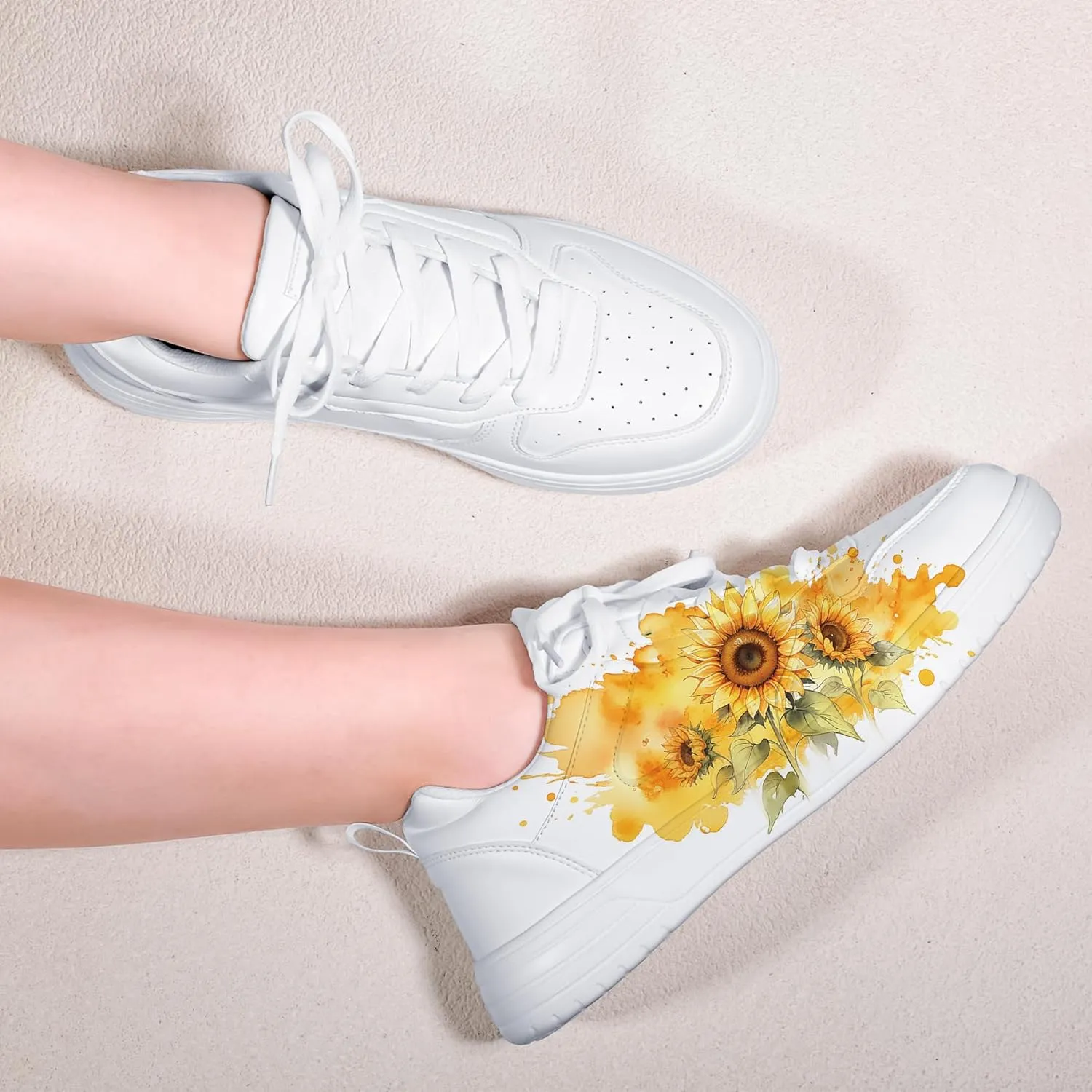 Women's Floral Walking Sneakers - Comfortable Lace-Up White Tennis Shoes with Sunflowers Prints