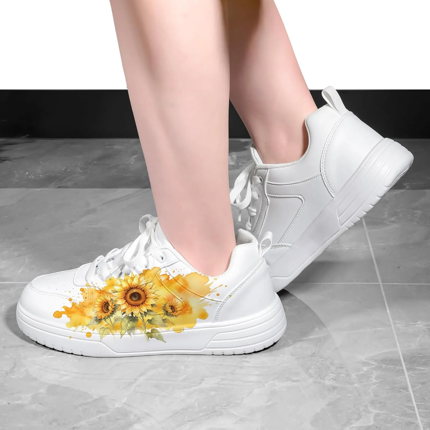 Women's Floral Walking Sneakers - Comfortable Lace-Up White Tennis Shoes with Sunflowers Prints