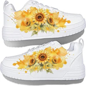 Women's Floral Walking Sneakers - Comfortable Lace-Up White Tennis Shoes with Sunflowers Prints