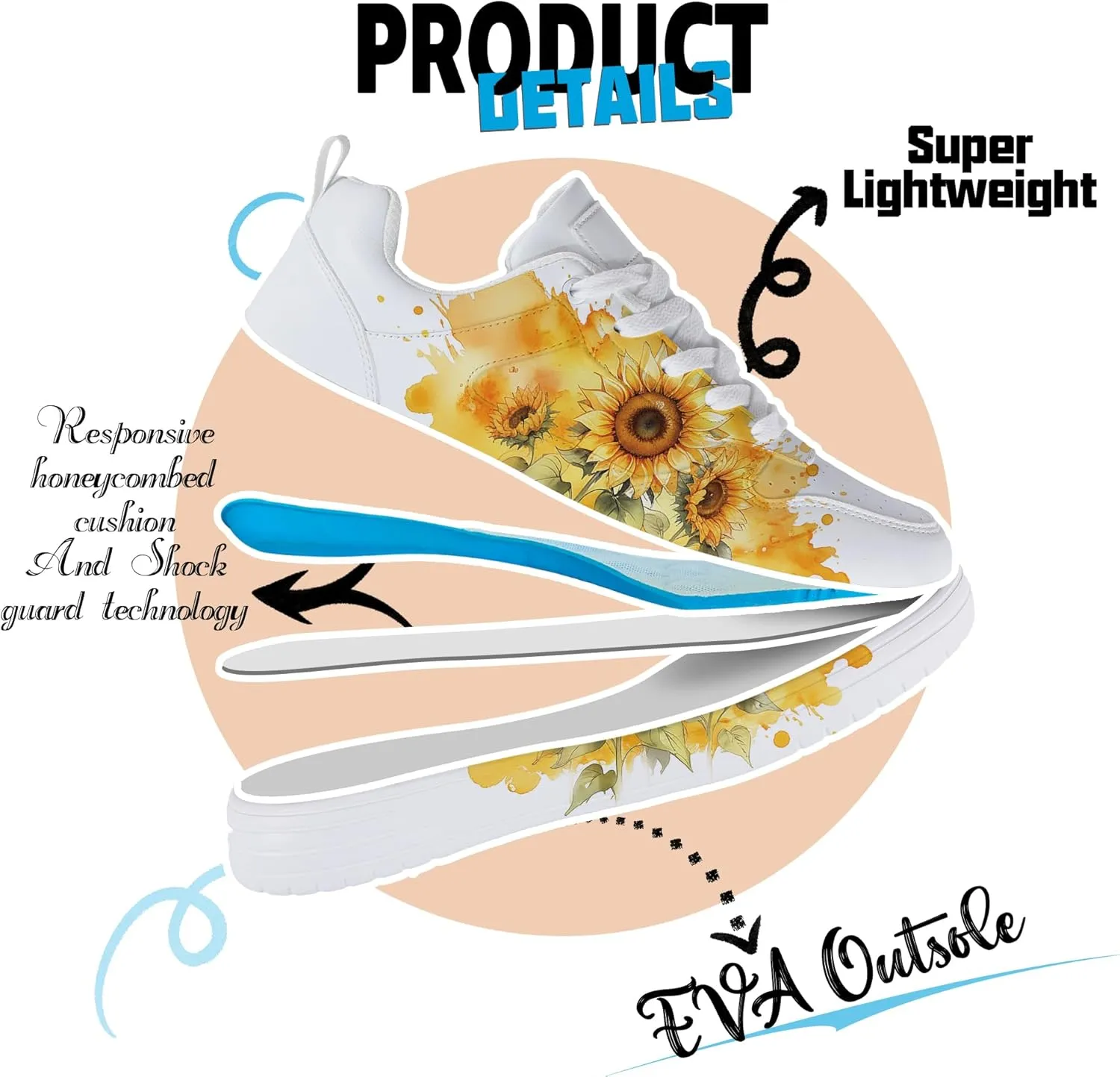 Women's Floral Walking Sneakers - Comfortable Lace-Up White Tennis Shoes with Sunflowers Prints