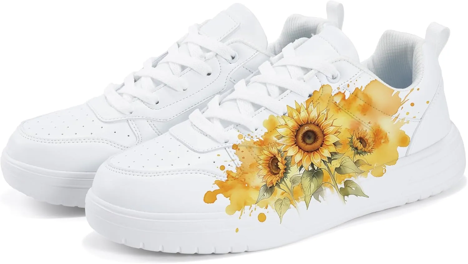 Women's Floral Walking Sneakers - Comfortable Lace-Up White Tennis Shoes with Sunflowers Prints