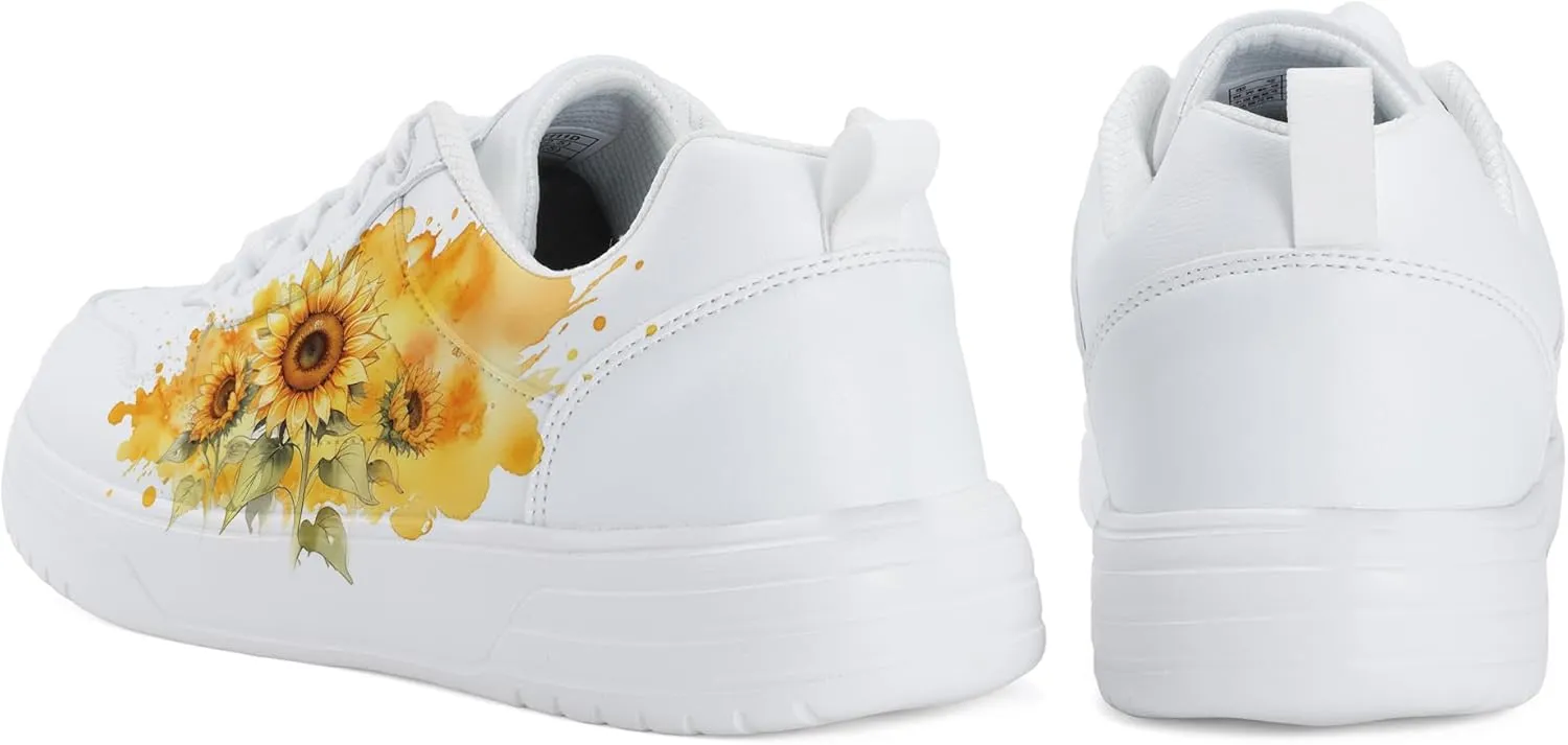 Women's Floral Walking Sneakers - Comfortable Lace-Up White Tennis Shoes with Sunflowers Prints