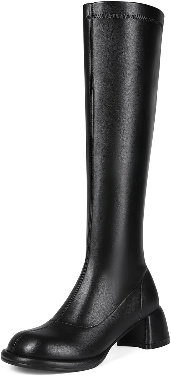 Women's Knee High Boots Round Toe Chunky Heel Tall Boots for Women Side Zipper Long Boots