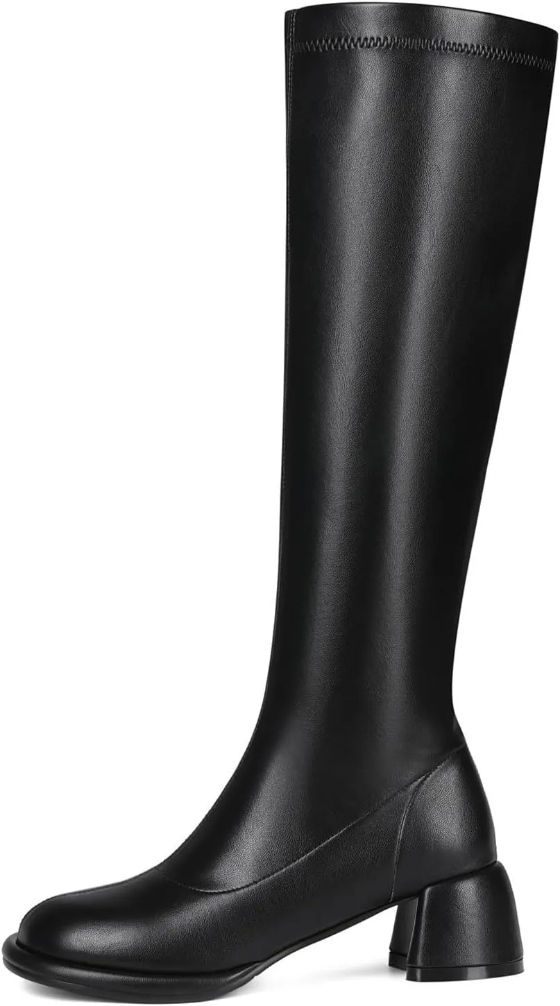 Women's Knee High Boots Round Toe Chunky Heel Tall Boots for Women Side Zipper Long Boots